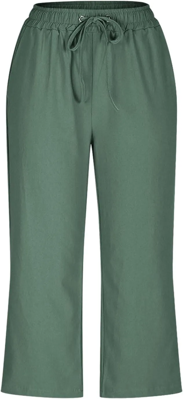 Womens Capri Trousers Cotton Linen Cropped Pants Ladies Elasticated Waist Sweatpants Drawstring Wide Leg Trouser
