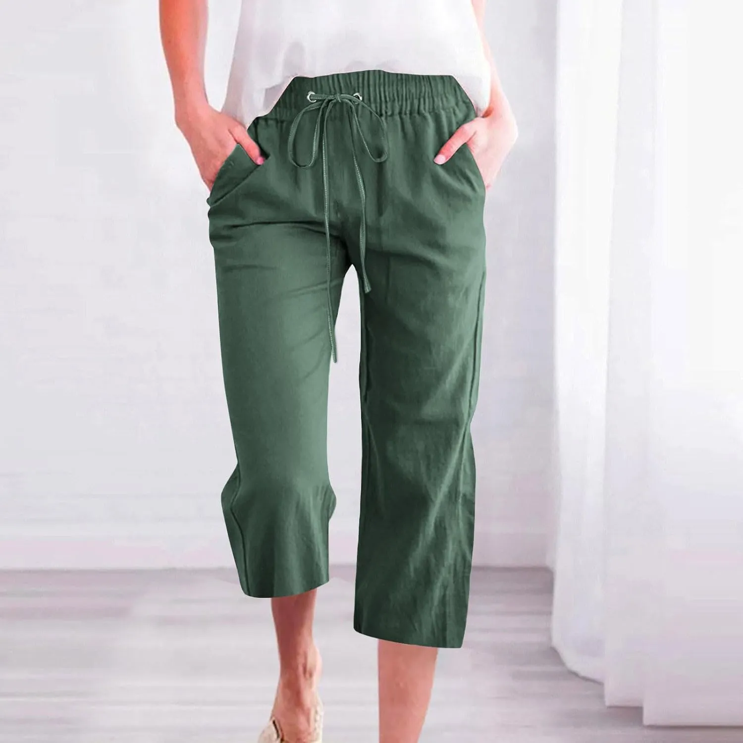 Womens Capri Trousers Cotton Linen Cropped Pants Ladies Elasticated Waist Sweatpants Drawstring Wide Leg Trouser