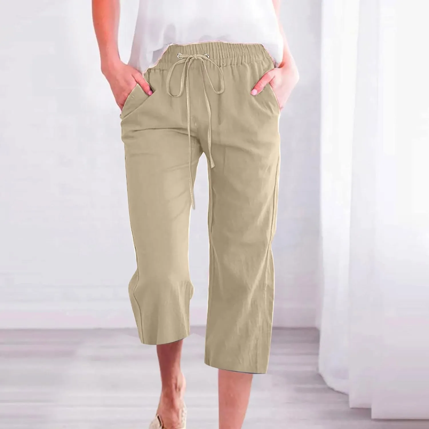 Womens Capri Trousers Cotton Linen Cropped Pants Ladies Elasticated Waist Sweatpants Drawstring Wide Leg Trouser