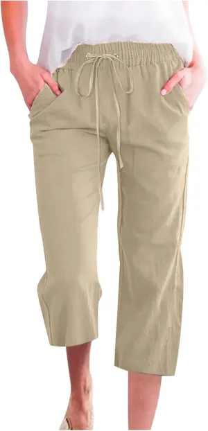 Womens Capri Trousers Cotton Linen Cropped Pants Ladies Elasticated Waist Sweatpants Drawstring Wide Leg Trouser
