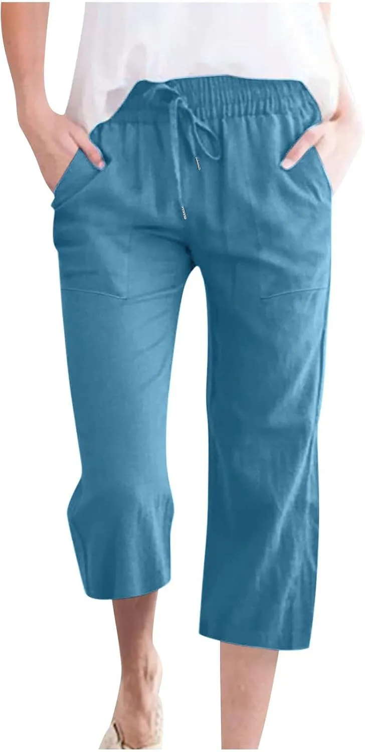 Womens Capri Trousers Cotton Linen Cropped Pants Ladies Elasticated Waist Sweatpants Drawstring Wide Leg Trouser