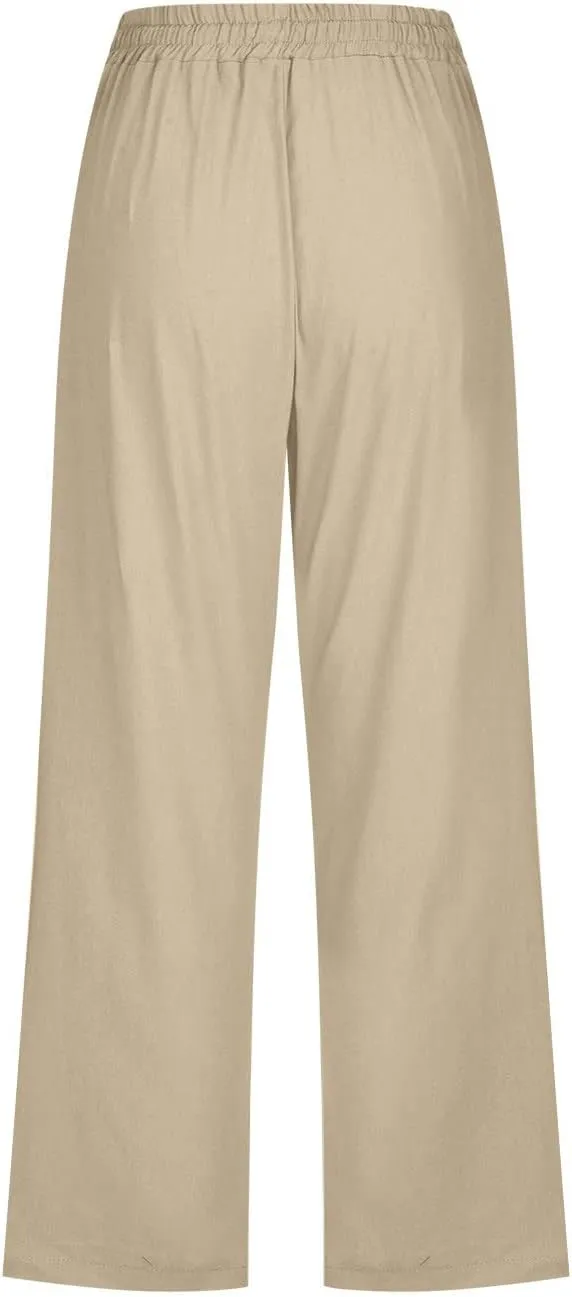 Womens Capri Trousers Cotton Linen Cropped Pants Ladies Elasticated Waist Sweatpants Drawstring Wide Leg Trouser
