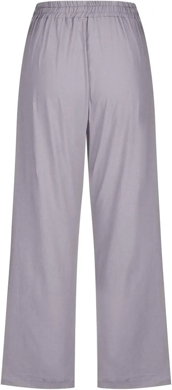 Womens Capri Trousers Cotton Linen Cropped Pants Ladies Elasticated Waist Sweatpants Drawstring Wide Leg Trouser