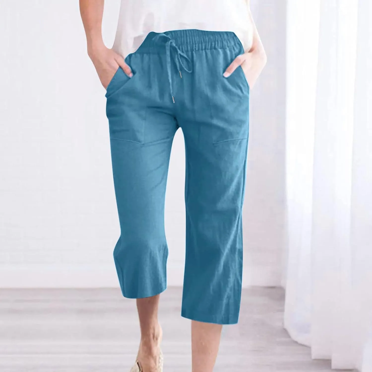 Womens Capri Trousers Cotton Linen Cropped Pants Ladies Elasticated Waist Sweatpants Drawstring Wide Leg Trouser