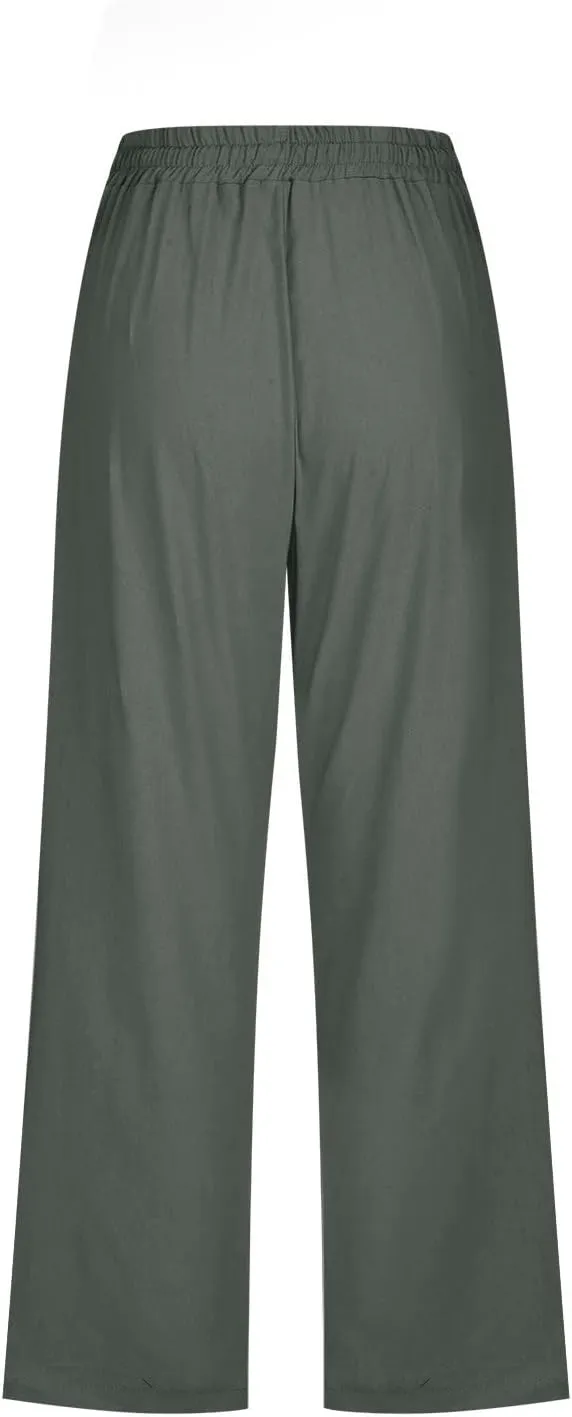 Womens Capris Pants Linen Straight Wide Leg Stretchy Waist Cropped Trousers Drawstring Loose Pants Casual Summer 2025