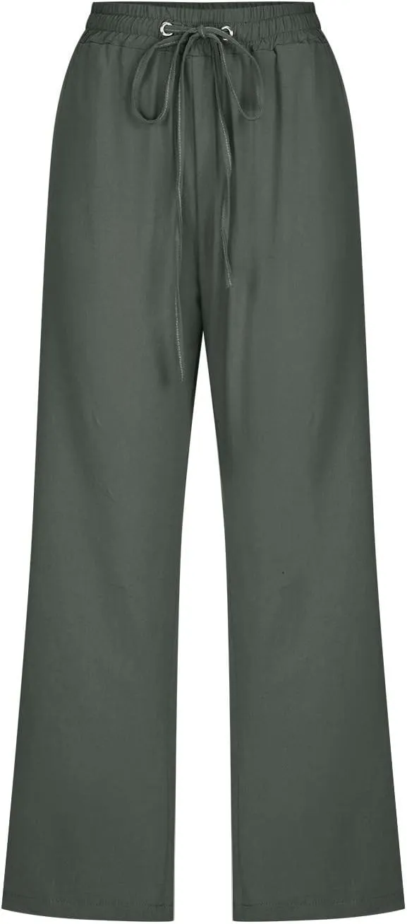 Womens Capris Pants Linen Straight Wide Leg Stretchy Waist Cropped Trousers Drawstring Loose Pants Casual Summer 2025