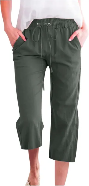Womens Capris Pants Linen Straight Wide Leg Stretchy Waist Cropped Trousers Drawstring Loose Pants Casual Summer 2025
