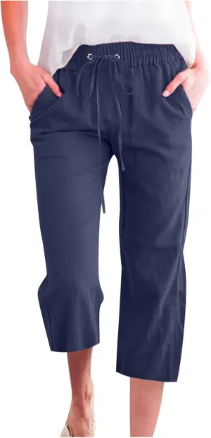 Womens Capris Pants Linen Straight Wide Leg Stretchy Waist Cropped Trousers Drawstring Loose Pants Casual Summer 2025