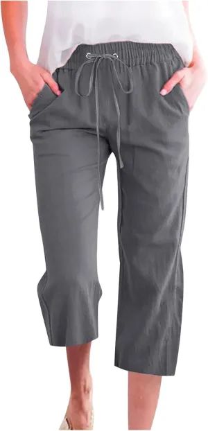Womens Capris Pants Linen Straight Wide Leg Stretchy Waist Cropped Trousers Drawstring Loose Pants Casual Summer 2025