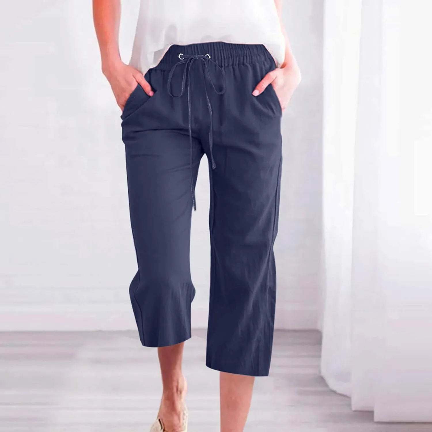 Womens Capris Pants Linen Straight Wide Leg Stretchy Waist Cropped Trousers Drawstring Loose Pants Casual Summer 2025