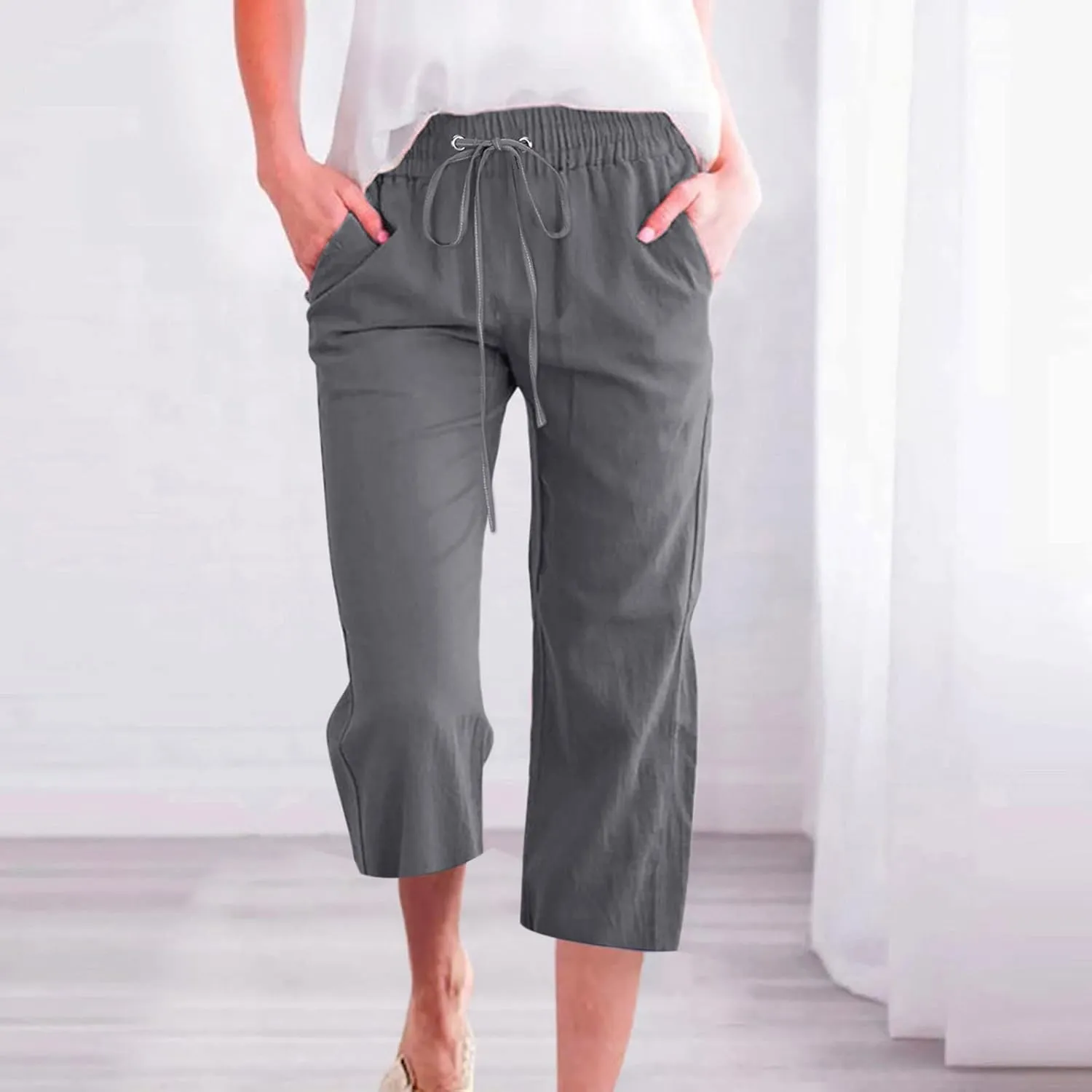 Womens Capris Pants Linen Straight Wide Leg Stretchy Waist Cropped Trousers Drawstring Loose Pants Casual Summer 2025