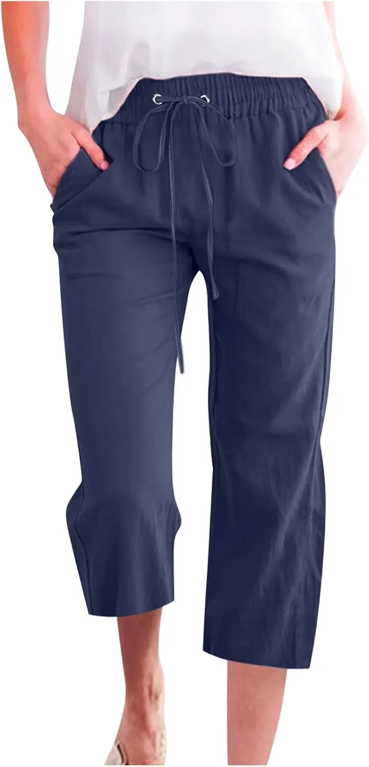 Womens Capris Pants Linen Straight Wide Leg Stretchy Waist Cropped Trousers Drawstring Loose Pants Casual Summer 2025