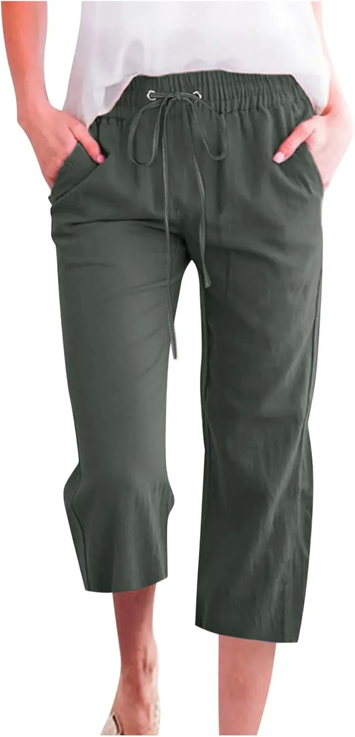 Womens Capris Pants Linen Straight Wide Leg Stretchy Waist Cropped Trousers Drawstring Loose Pants Casual Summer 2025