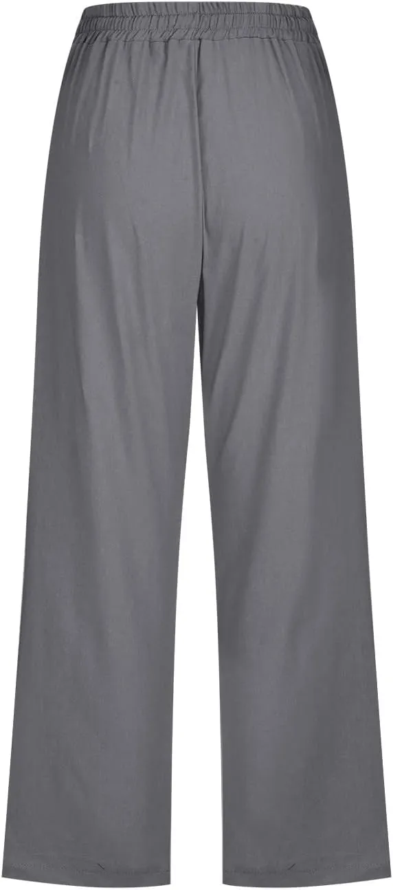 Womens Capris Pants Linen Straight Wide Leg Stretchy Waist Cropped Trousers Drawstring Loose Pants Casual Summer 2025