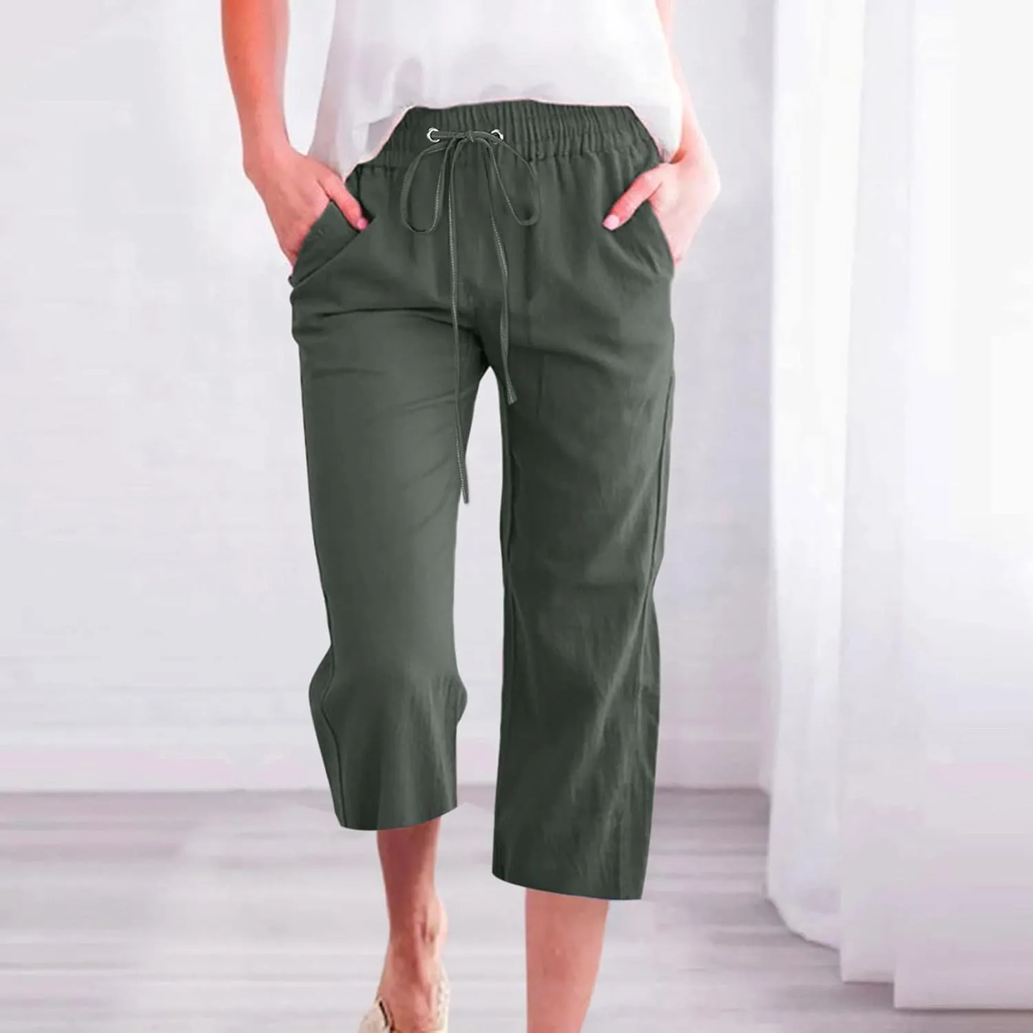 Womens Capris Pants Linen Straight Wide Leg Stretchy Waist Cropped Trousers Drawstring Loose Pants Casual Summer 2025