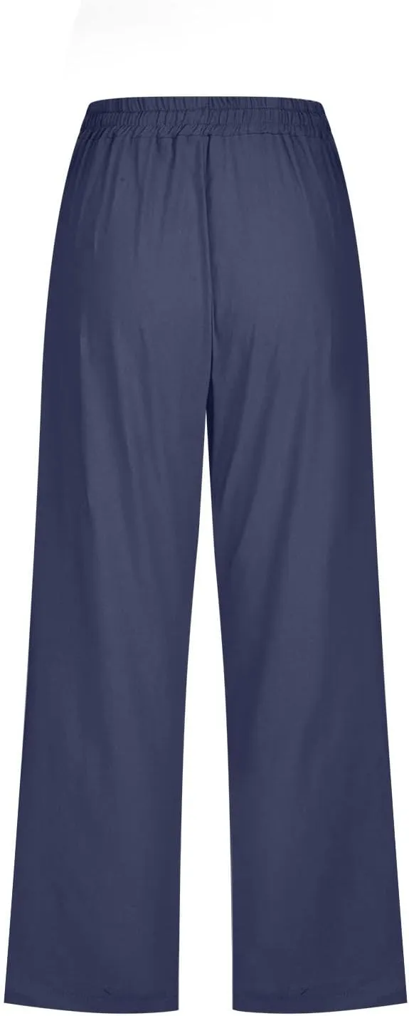 Womens Capris Pants Linen Straight Wide Leg Stretchy Waist Cropped Trousers Drawstring Loose Pants Casual Summer 2025