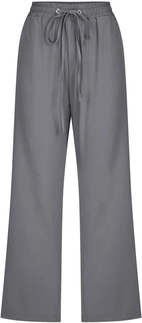 Womens Capris Pants Linen Straight Wide Leg Stretchy Waist Cropped Trousers Drawstring Loose Pants Casual Summer 2025