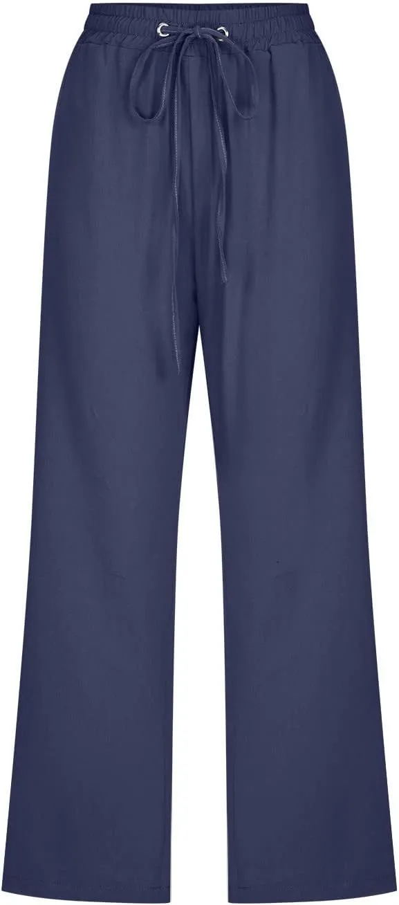 Womens Capris Pants Linen Straight Wide Leg Stretchy Waist Cropped Trousers Drawstring Loose Pants Casual Summer 2025
