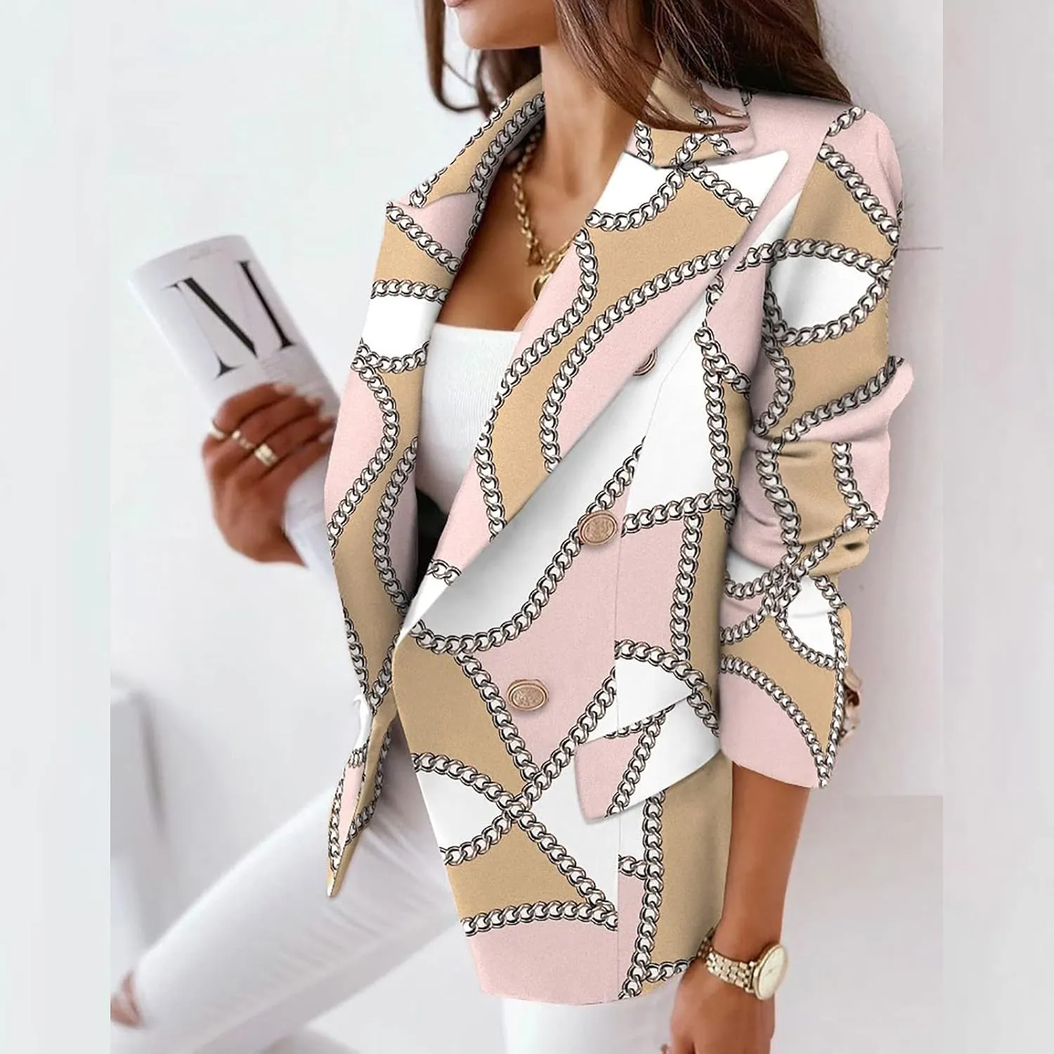Womens Casual Blazer Jacket Long Sleeve Work 0ffice Blazer Chain Print Button Front Lapel Jackets Business Outerwear