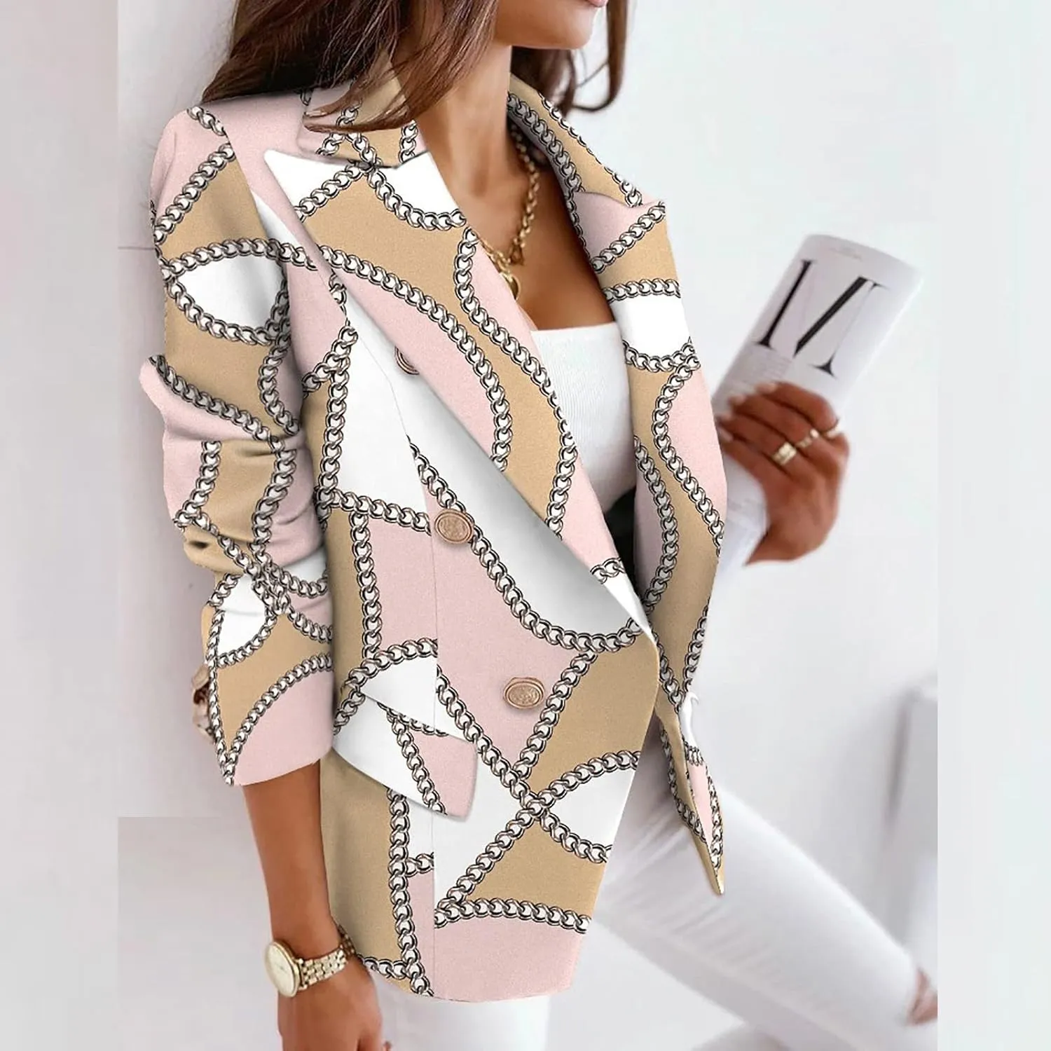 Womens Casual Blazer Jacket Long Sleeve Work 0ffice Blazer Chain Print Button Front Lapel Jackets Business Outerwear