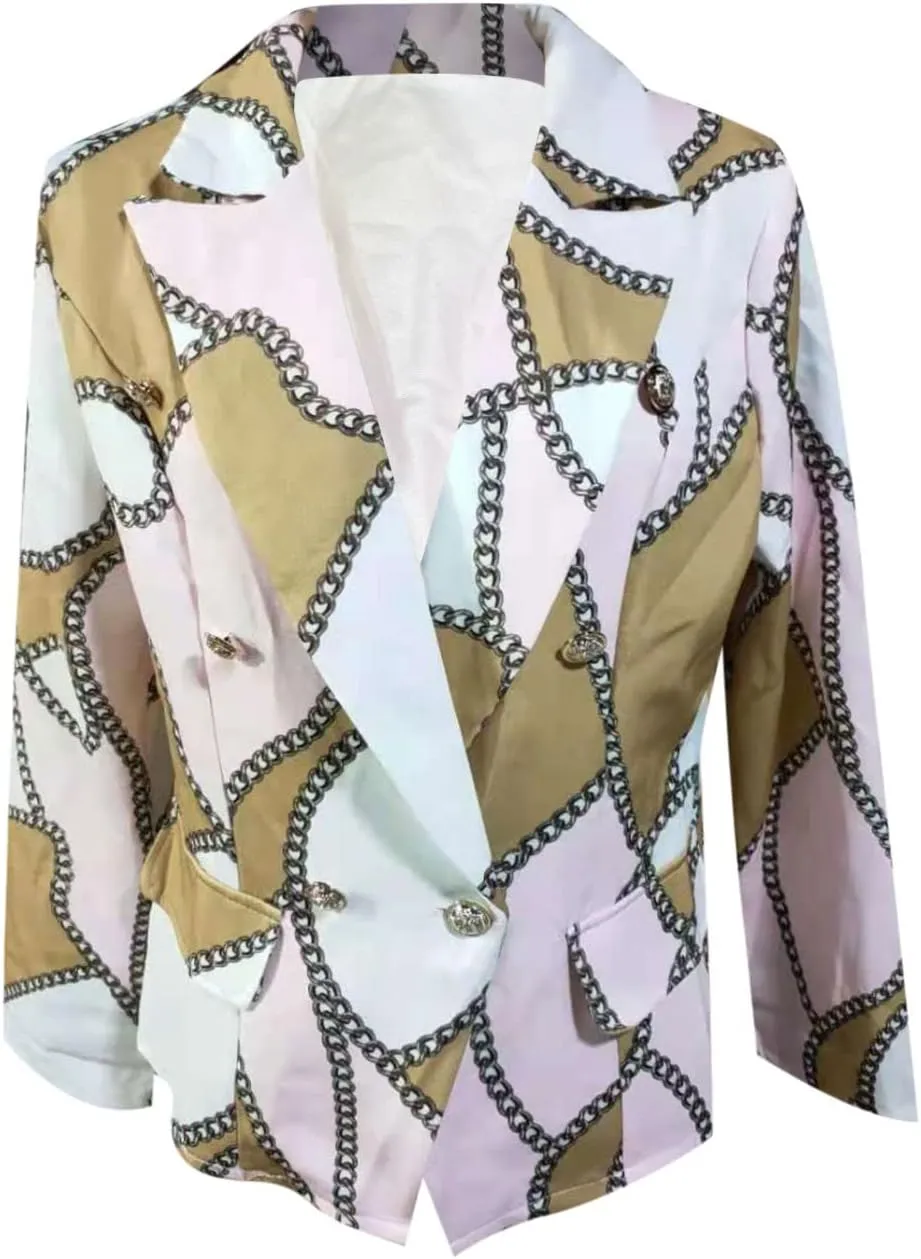 Womens Casual Blazer Jacket Long Sleeve Work 0ffice Blazer Chain Print Button Front Lapel Jackets Business Outerwear