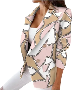 Womens Casual Blazer Jacket Long Sleeve Work 0ffice Blazer Chain Print Button Front Lapel Jackets Business Outerwear