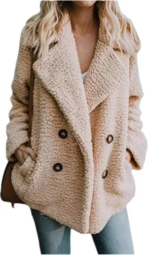 Women's Casual Lapel Faux Shearling Jacket Fleece Fuzzy Coat Winter Warm Shaggy Oversized Button Down Cardigan Coats