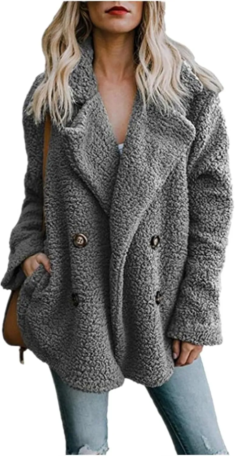 Women's Casual Lapel Faux Shearling Jacket Fleece Fuzzy Coat Winter Warm Shaggy Oversized Button Down Cardigan Coats