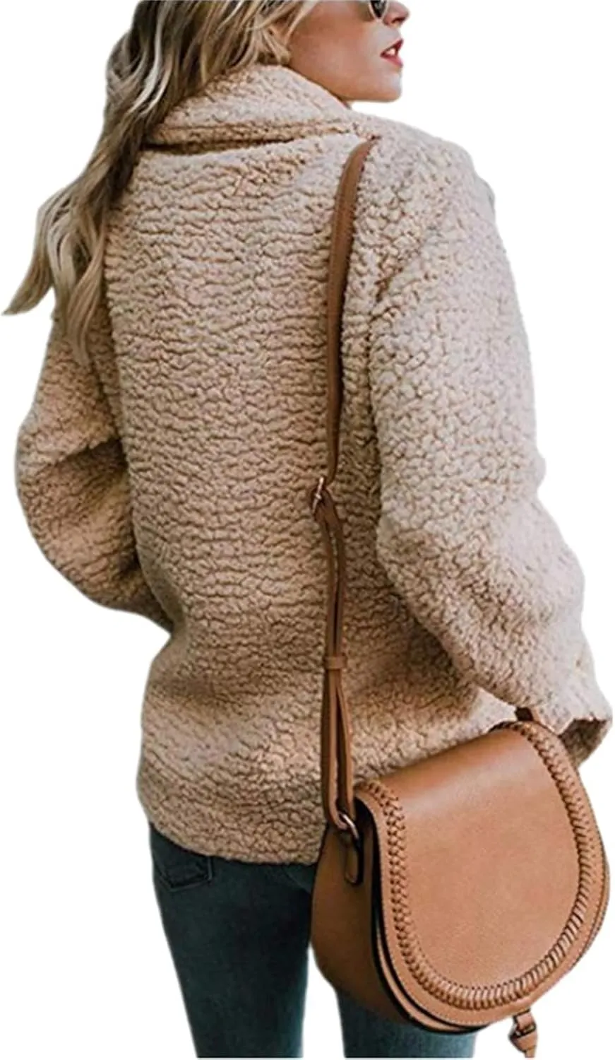 Women's Casual Lapel Faux Shearling Jacket Fleece Fuzzy Coat Winter Warm Shaggy Oversized Button Down Cardigan Coats