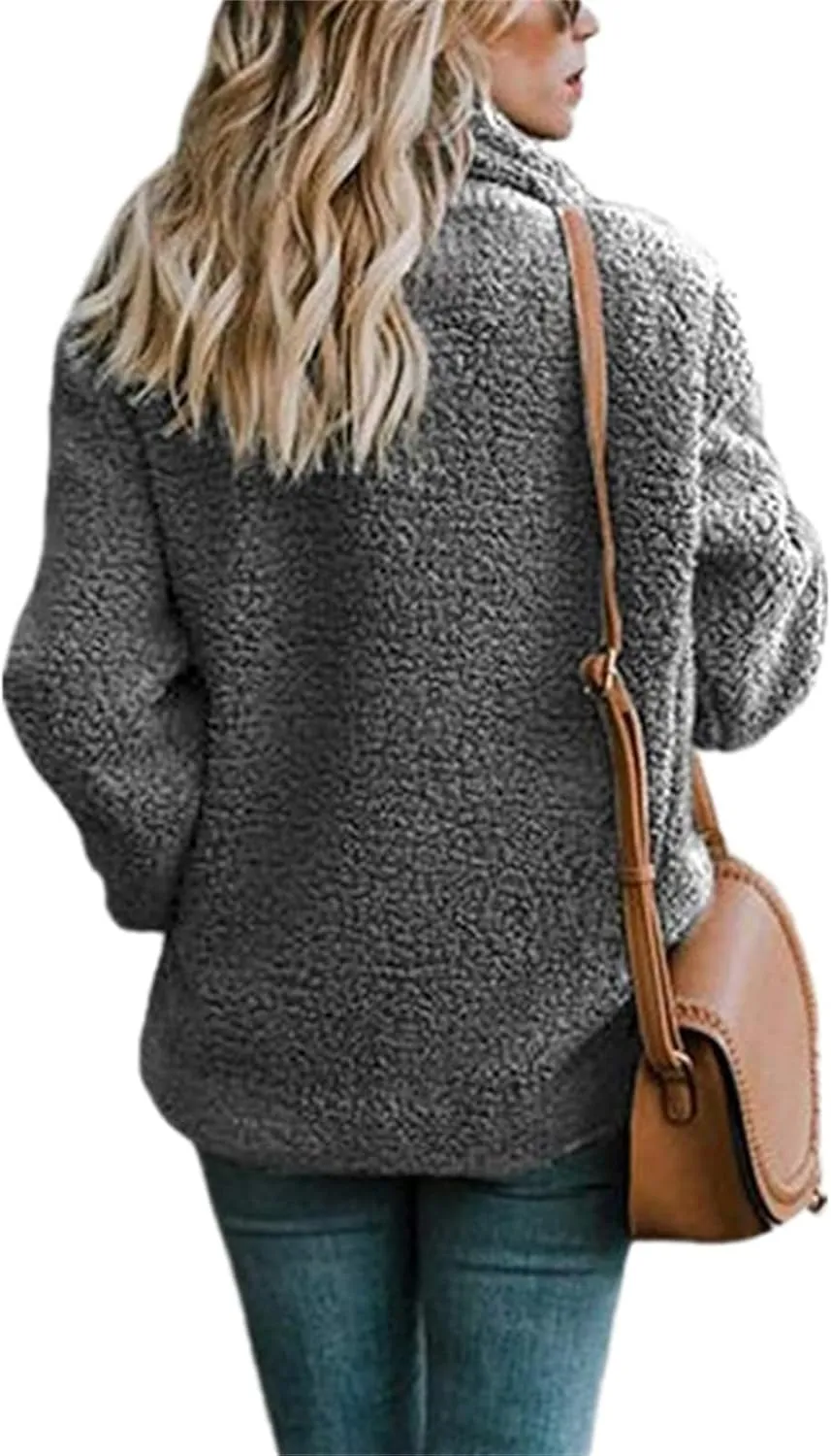 Women's Casual Lapel Faux Shearling Jacket Fleece Fuzzy Coat Winter Warm Shaggy Oversized Button Down Cardigan Coats