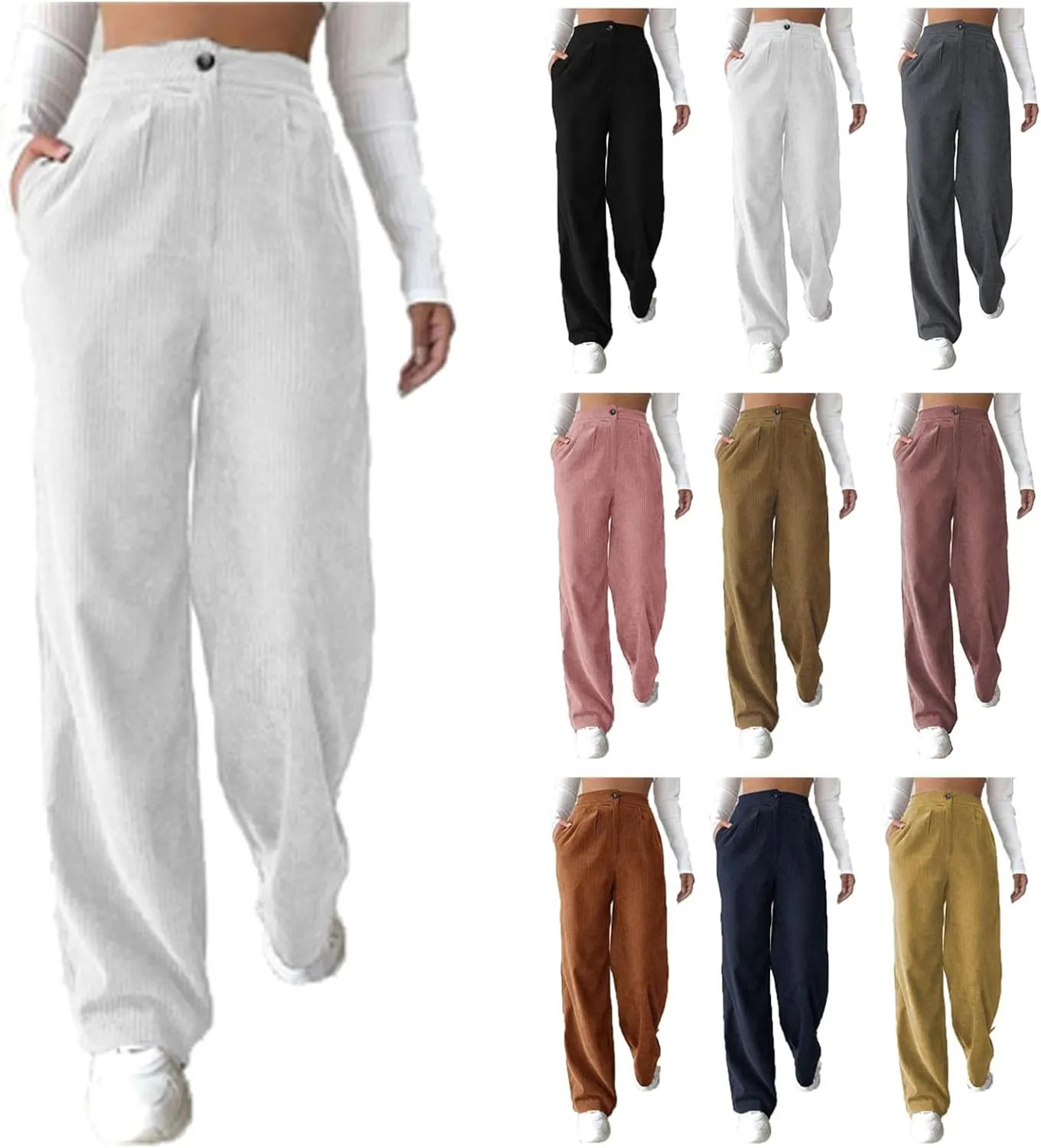Womens Corduroy Pants High Waisted Wide Leg Palazzo Pant Dress Straight Leg Trousers Trendy Work Sweatpants Pockets