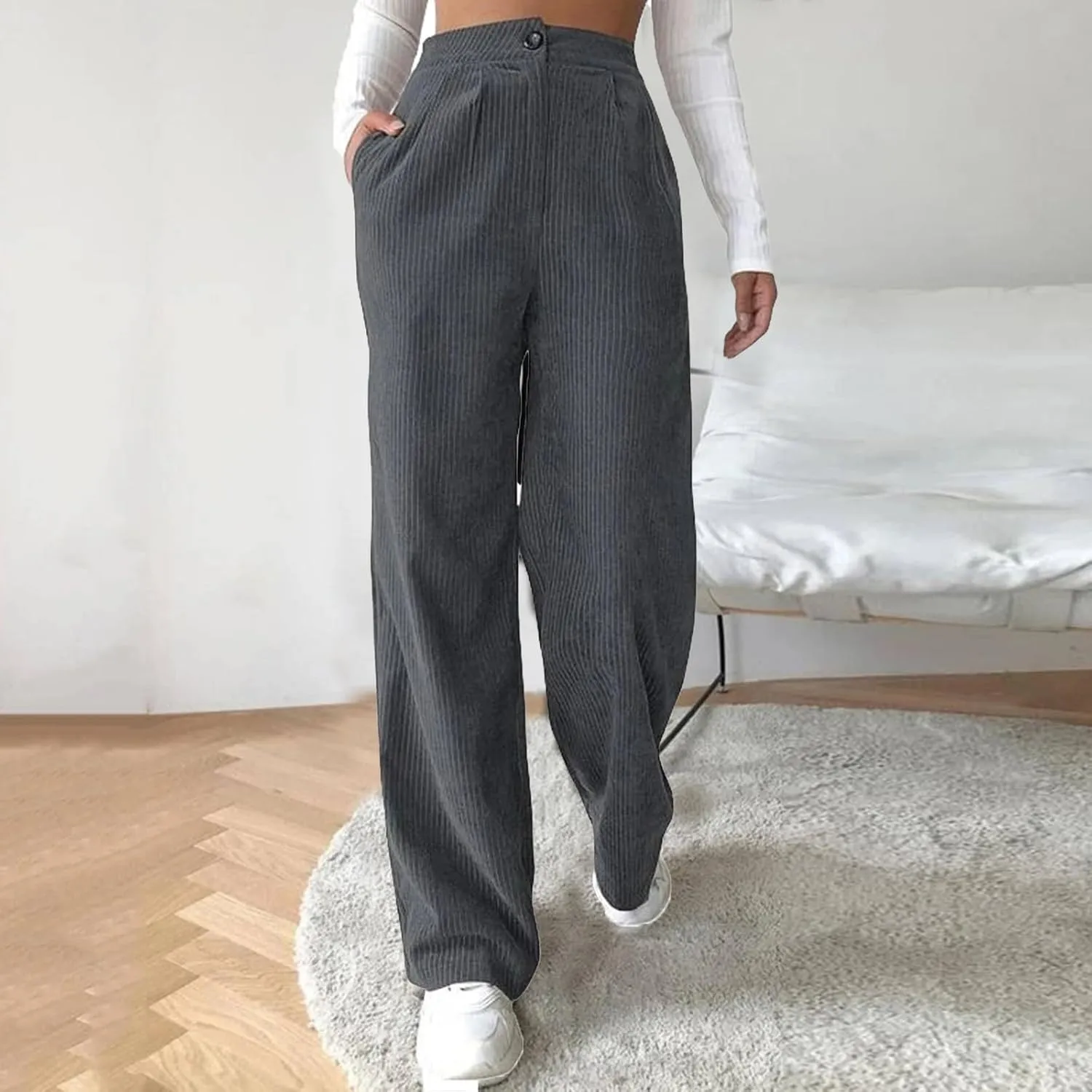 Womens Corduroy Pants High Waisted Wide Leg Palazzo Pant Dress Straight Leg Trousers Trendy Work Sweatpants Pockets