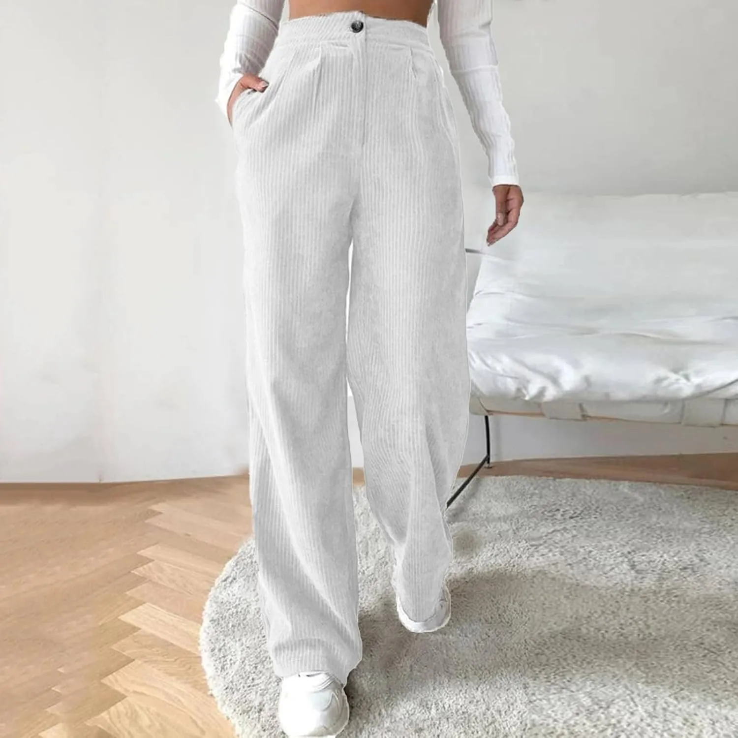 Womens Corduroy Pants High Waisted Wide Leg Palazzo Pant Dress Straight Leg Trousers Trendy Work Sweatpants Pockets