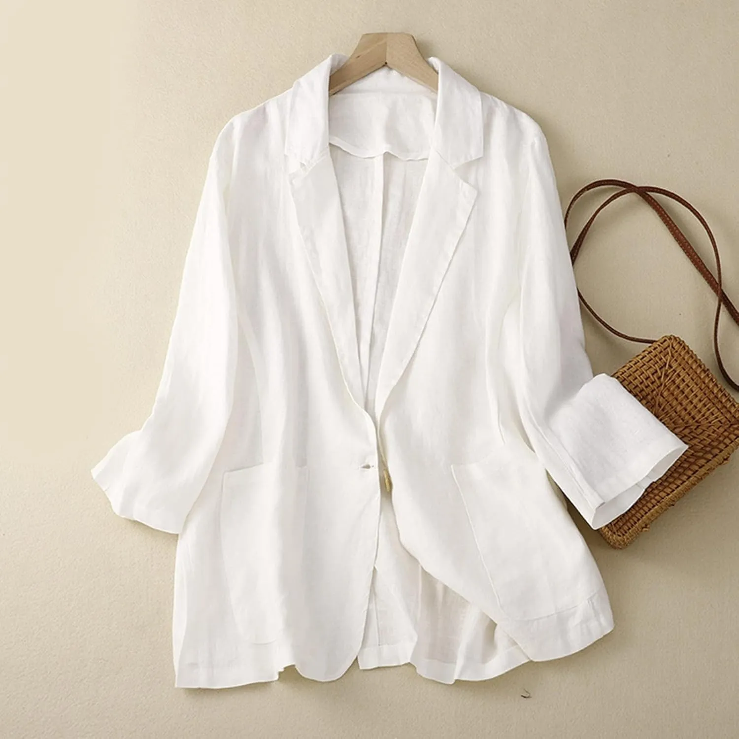 Womens Cotton Linen Blazer Shirts Casual Lightweight Long Sleeve Small Suit Top 2024 Open Front Cardigans with Pocket