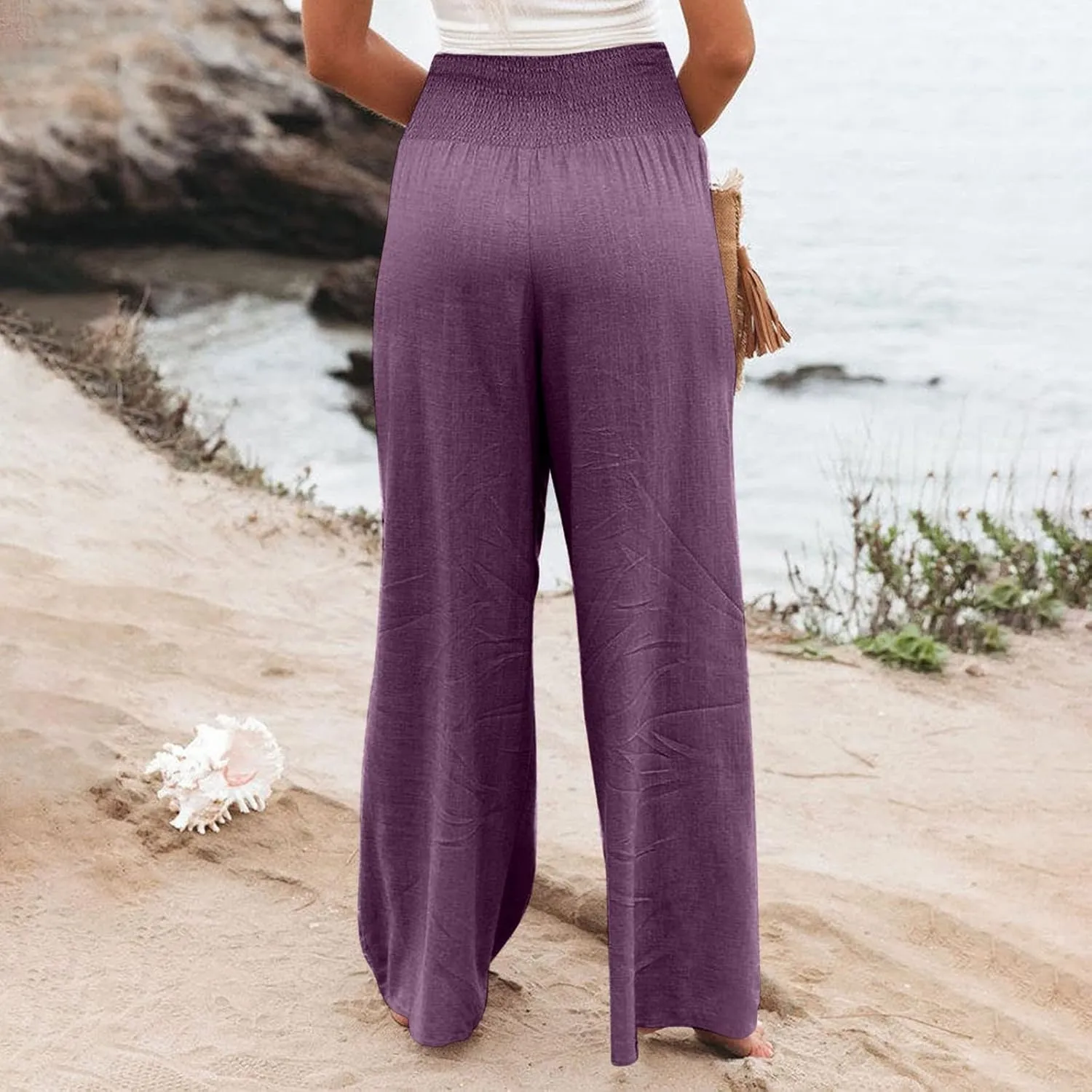 Women's Cotton Linen Wide Leg Pants Summer Smocked High Waisted Palazzo Trousers with Pockets Beach Cover Up