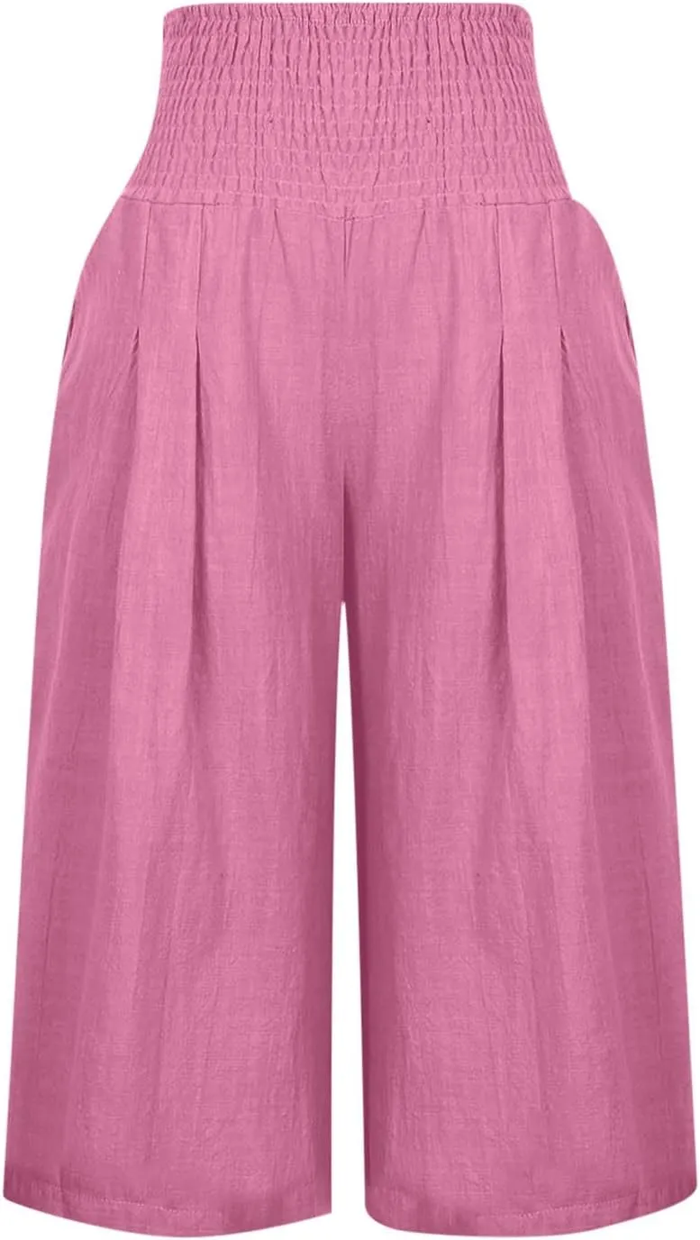 Womens Cropped Capri Pants Ladies 3/4 Length Trousers Loose Wide Leg Sweatpants Elastic Waist Trouser Straight Pant