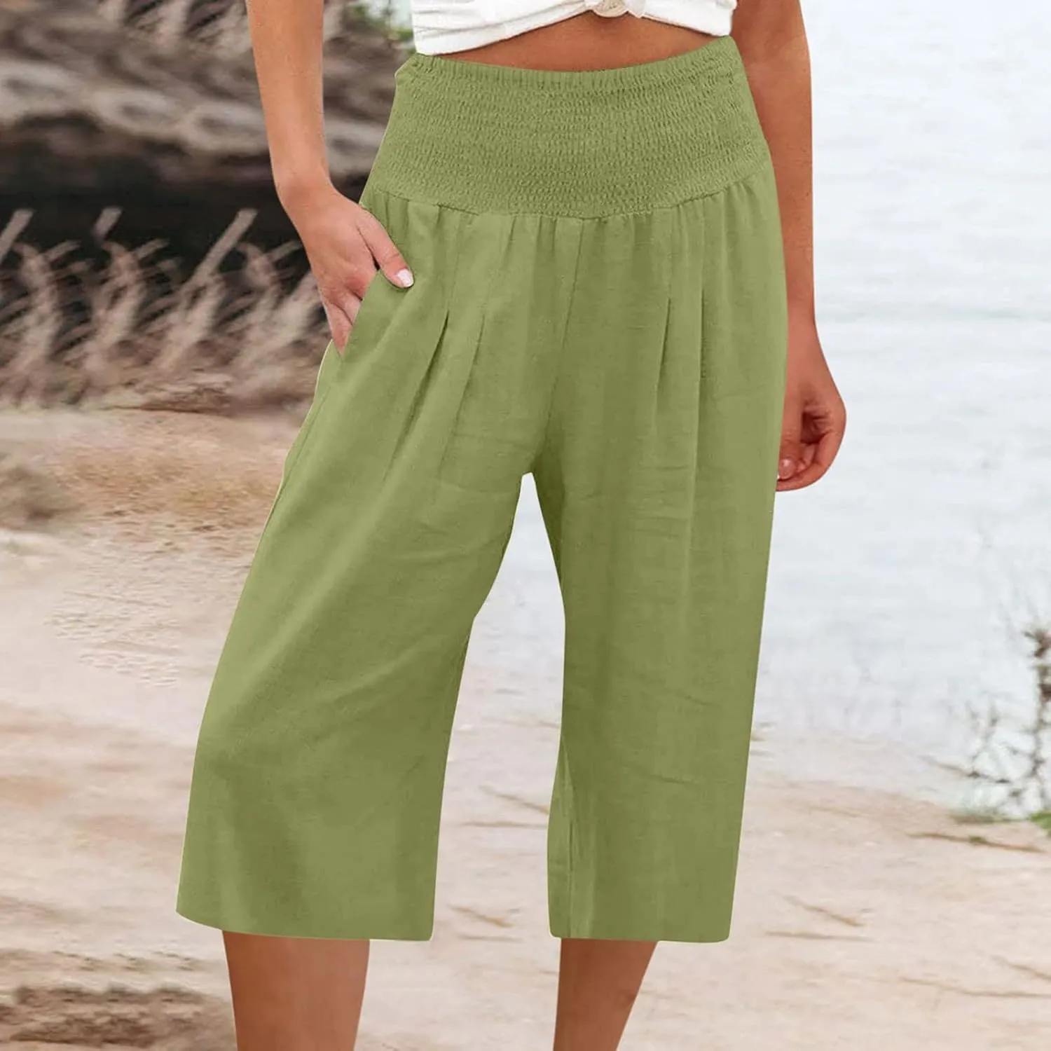 Womens Cropped Capri Pants Ladies 3/4 Length Trousers Loose Wide Leg Sweatpants Elastic Waist Trouser Straight Pant