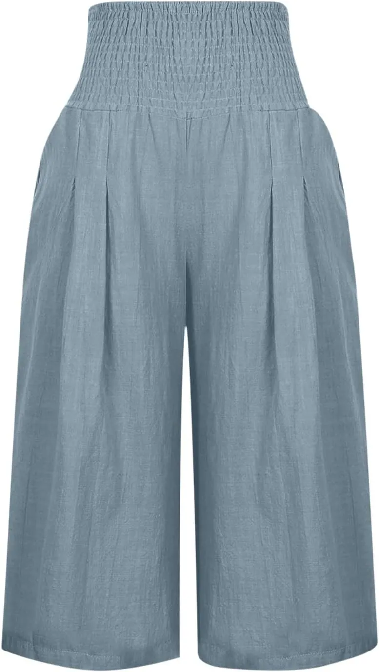Womens Cropped Capri Pants Ladies 3/4 Length Trousers Loose Wide Leg Sweatpants Elastic Waist Trouser Straight Pant
