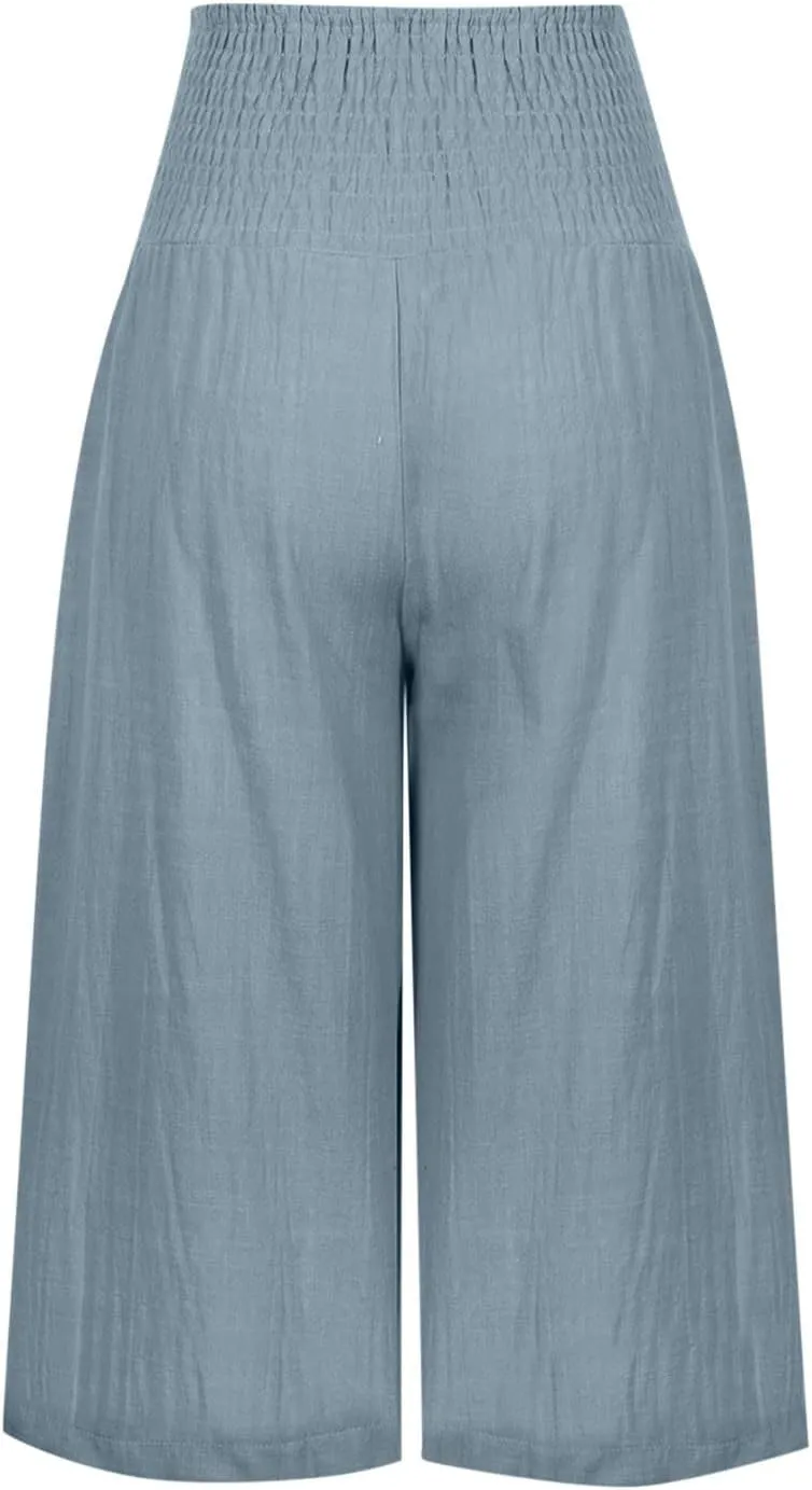 Womens Cropped Capri Pants Ladies 3/4 Length Trousers Loose Wide Leg Sweatpants Elastic Waist Trouser Straight Pant