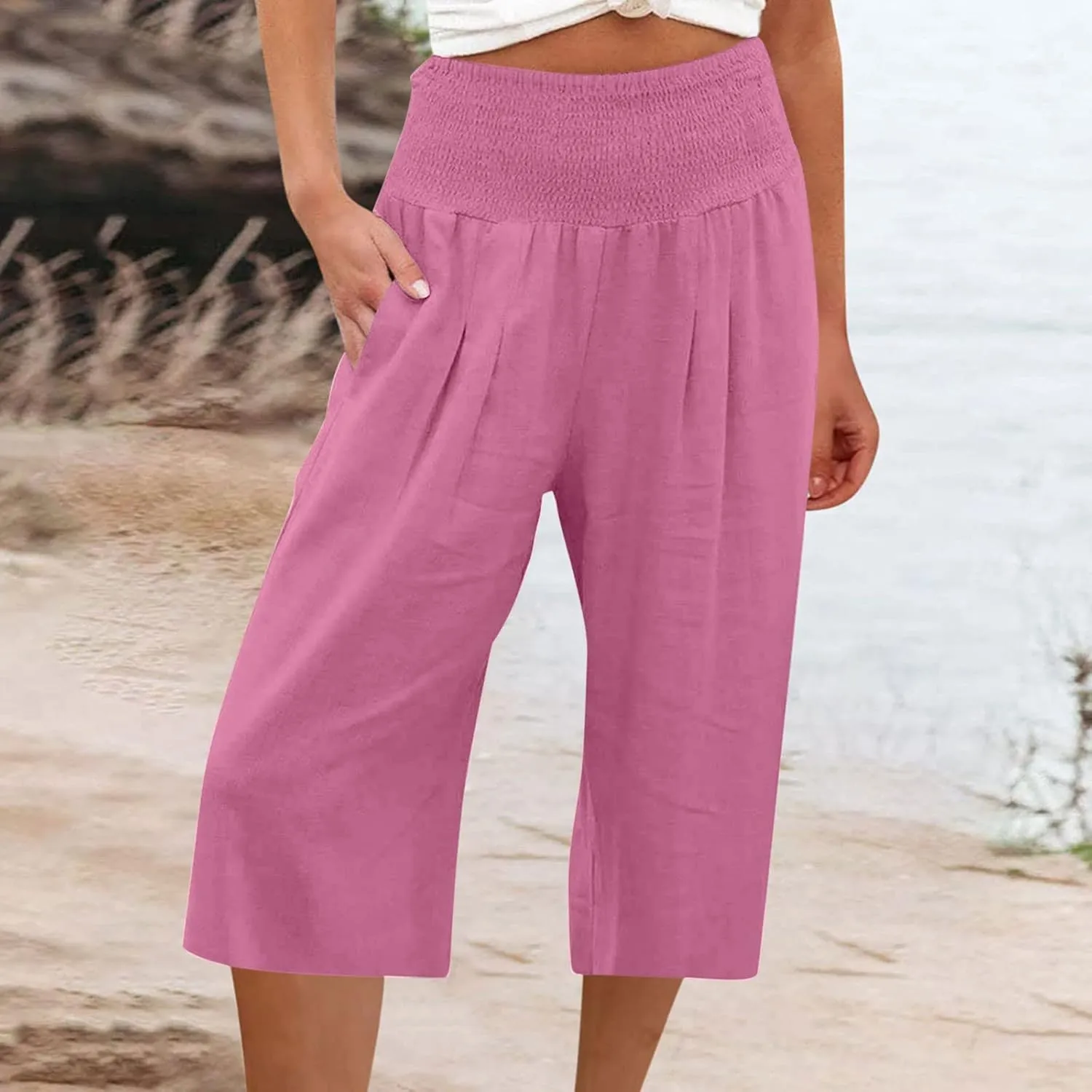 Womens Cropped Capri Pants Ladies 3/4 Length Trousers Loose Wide Leg Sweatpants Elastic Waist Trouser Straight Pant
