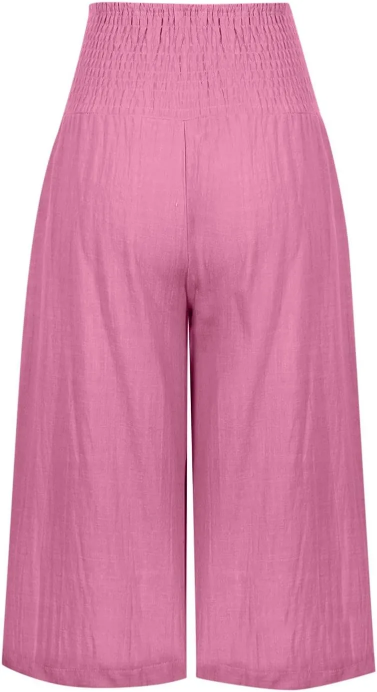 Womens Cropped Capri Pants Ladies 3/4 Length Trousers Loose Wide Leg Sweatpants Elastic Waist Trouser Straight Pant