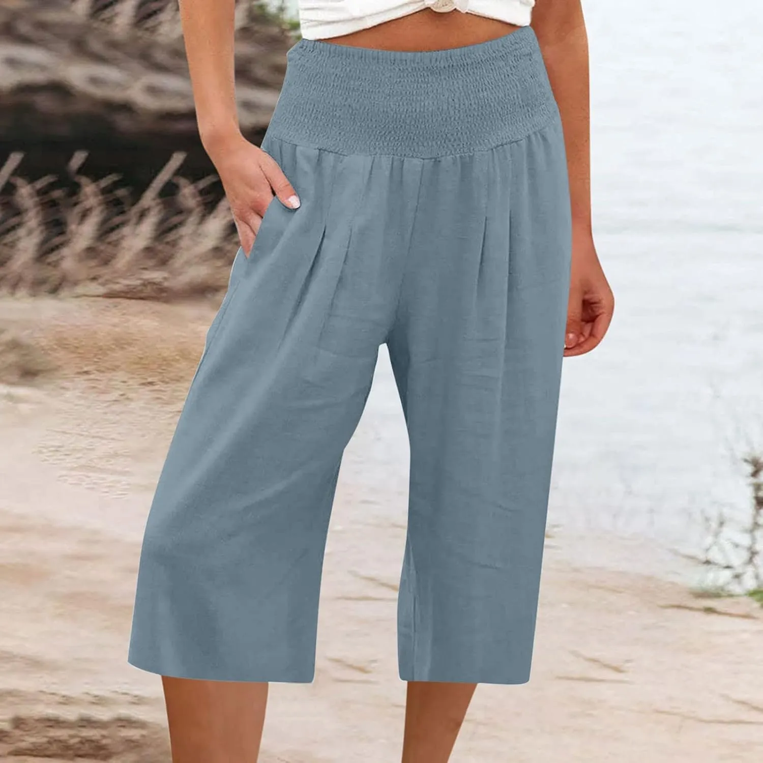 Womens Cropped Capri Pants Ladies 3/4 Length Trousers Loose Wide Leg Sweatpants Elastic Waist Trouser Straight Pant