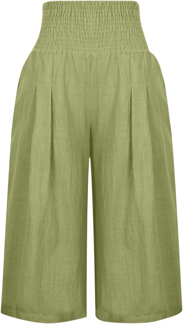 Womens Cropped Capri Pants Ladies 3/4 Length Trousers Loose Wide Leg Sweatpants Elastic Waist Trouser Straight Pant