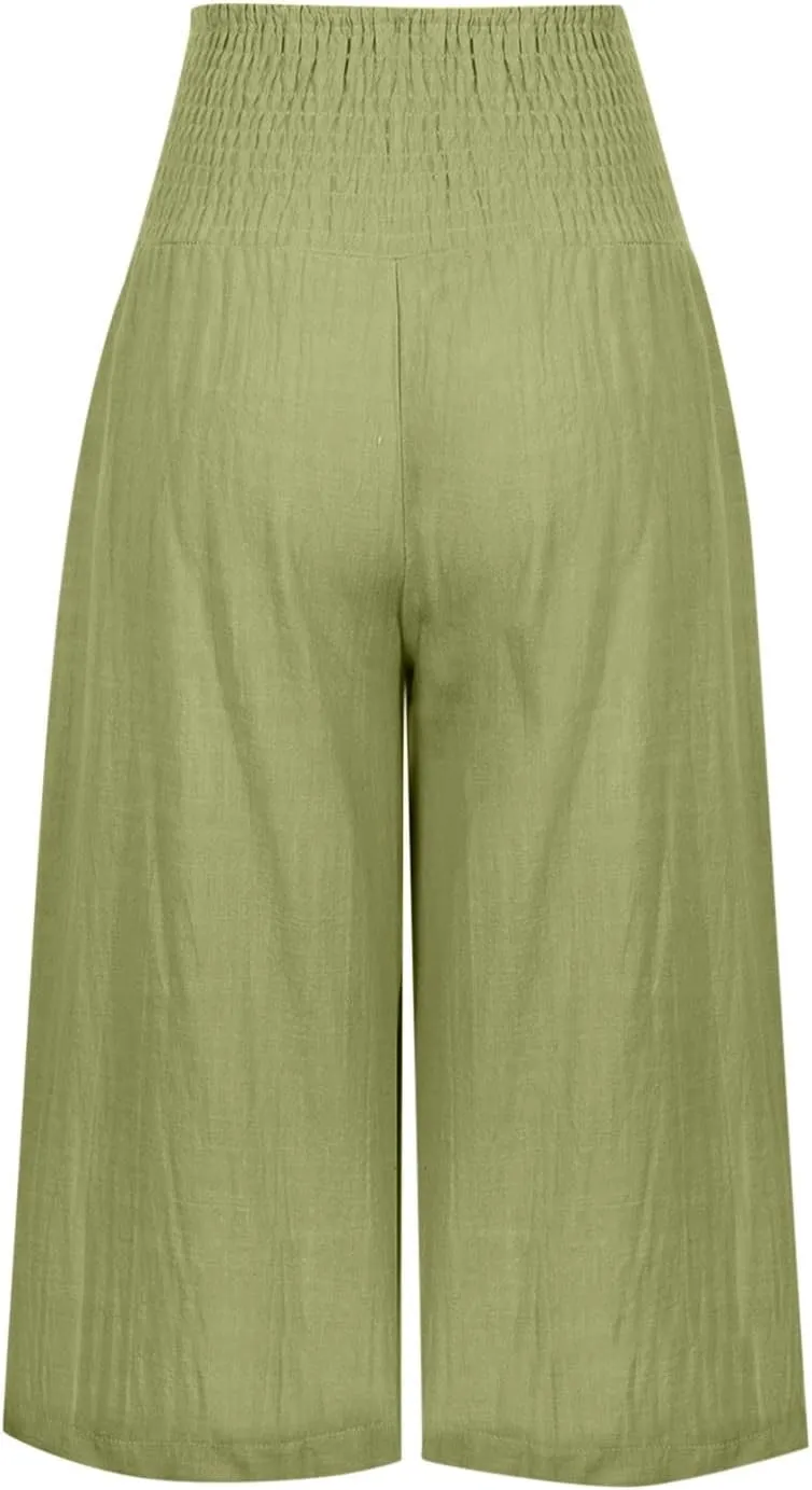 Womens Cropped Capri Pants Ladies 3/4 Length Trousers Loose Wide Leg Sweatpants Elastic Waist Trouser Straight Pant