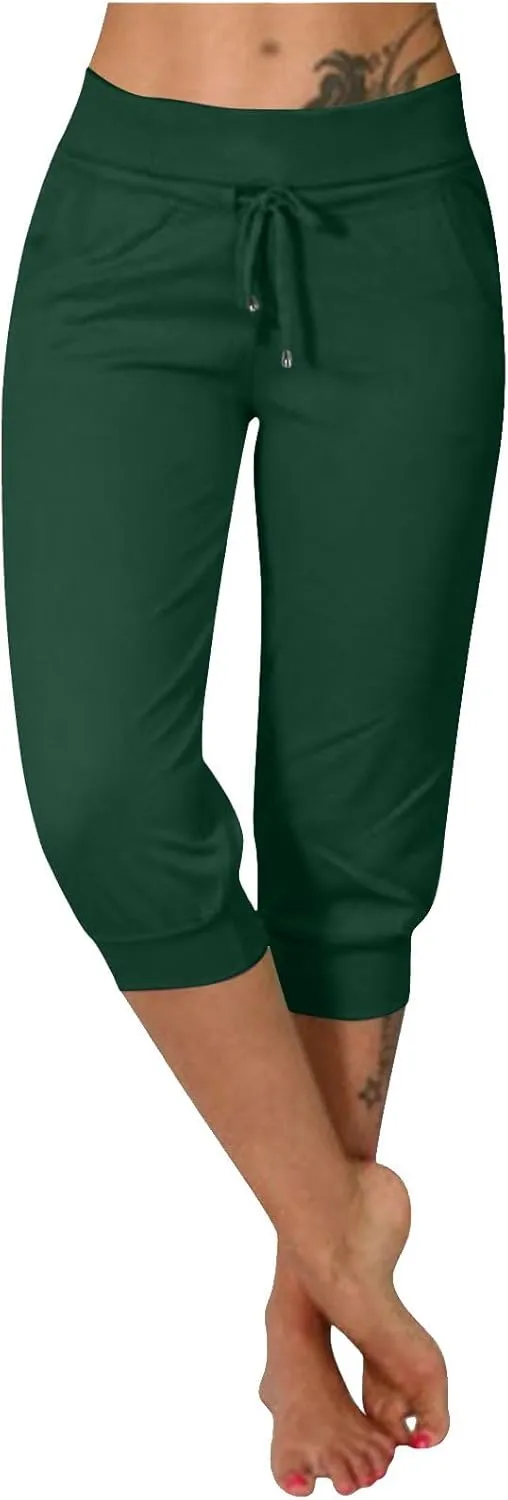 Women's Cropped Trousers Drawstring Capri Pants 3/4 Length Sweatpants Mid Waisted Yoga Pant Elastic Waist Trouser
