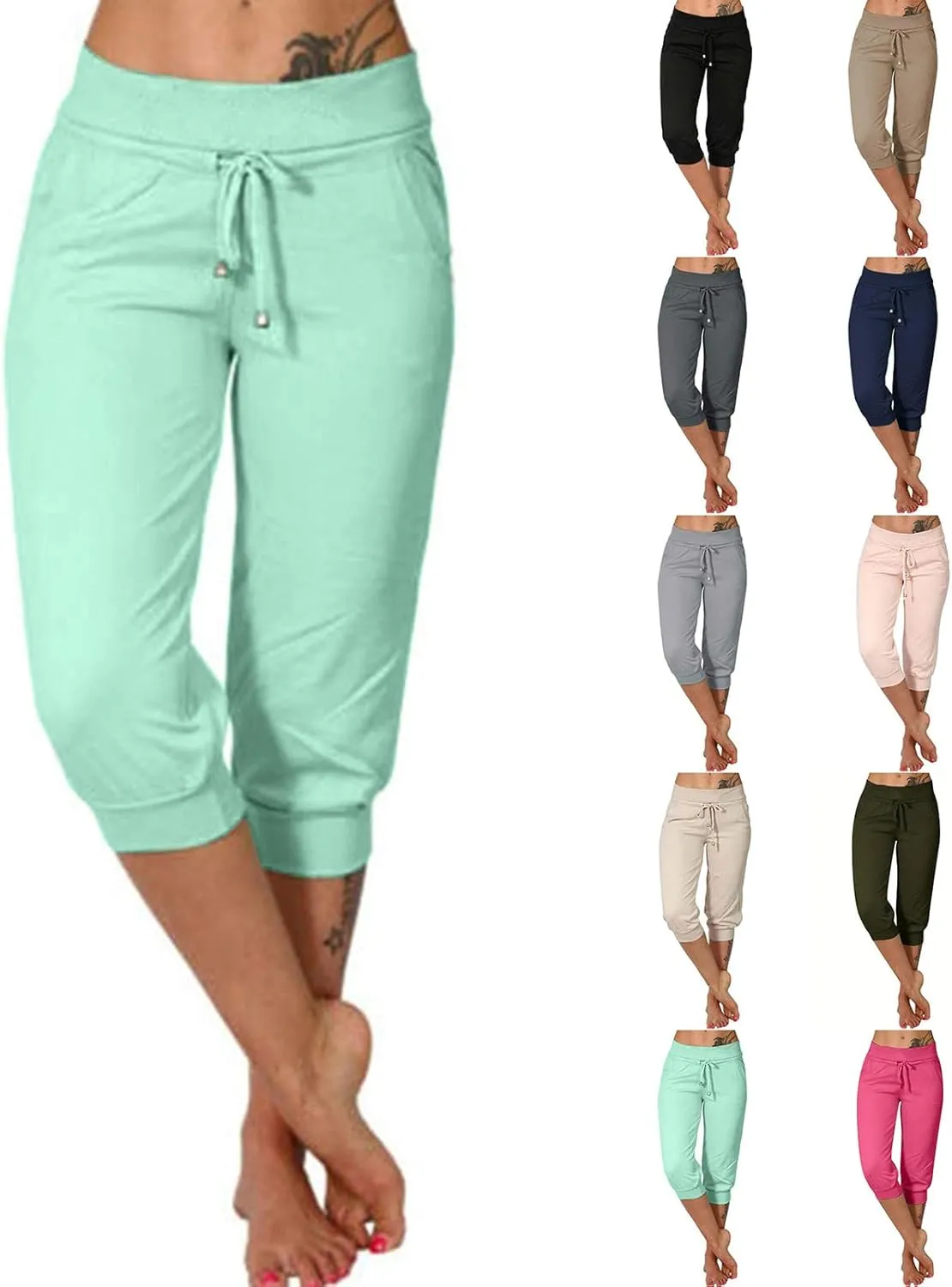 Women's Cropped Trousers Drawstring Capri Pants 3/4 Length Sweatpants Mid Waisted Yoga Pant Elastic Waist Trouser