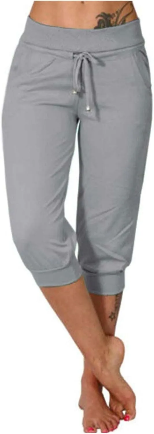 Women's Cropped Trousers Drawstring Capri Pants 3/4 Length Sweatpants Mid Waisted Yoga Pant Elastic Waist Trouser