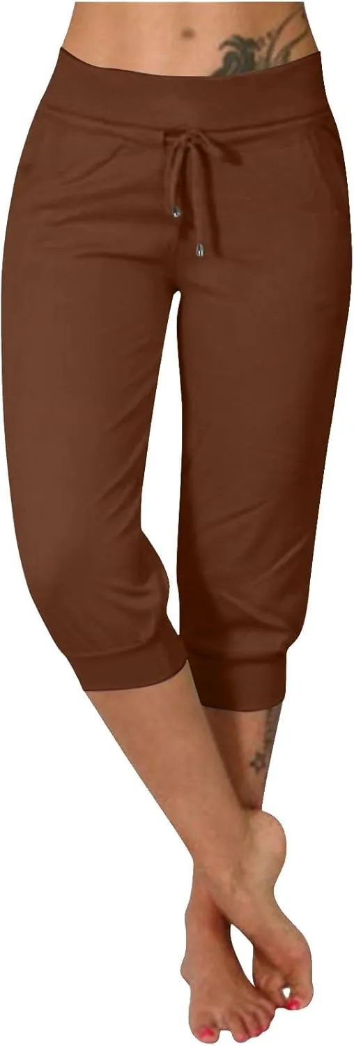 Women's Cropped Trousers Drawstring Capri Pants 3/4 Length Sweatpants Mid Waisted Yoga Pant Elastic Waist Trouser