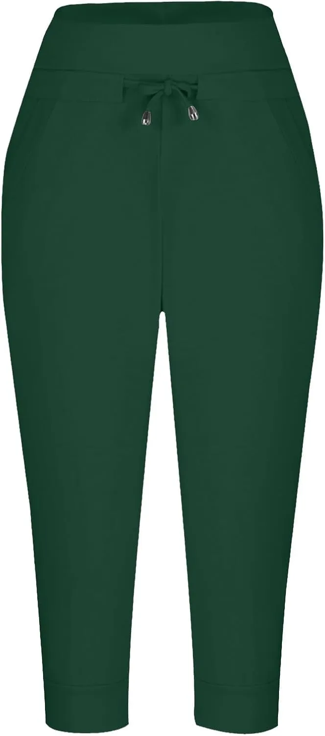 Women's Cropped Trousers Drawstring Capri Pants 3/4 Length Sweatpants Mid Waisted Yoga Pant Elastic Waist Trouser