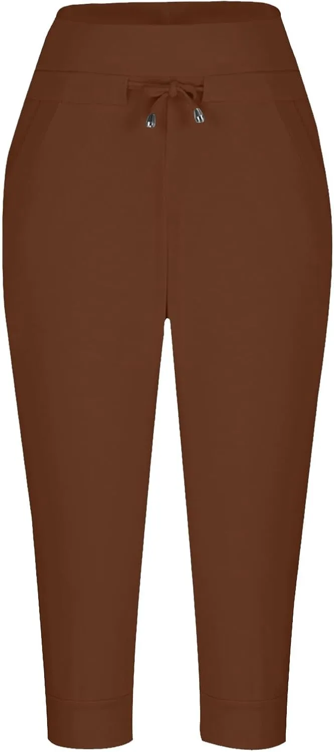 Women's Cropped Trousers Drawstring Capri Pants 3/4 Length Sweatpants Mid Waisted Yoga Pant Elastic Waist Trouser